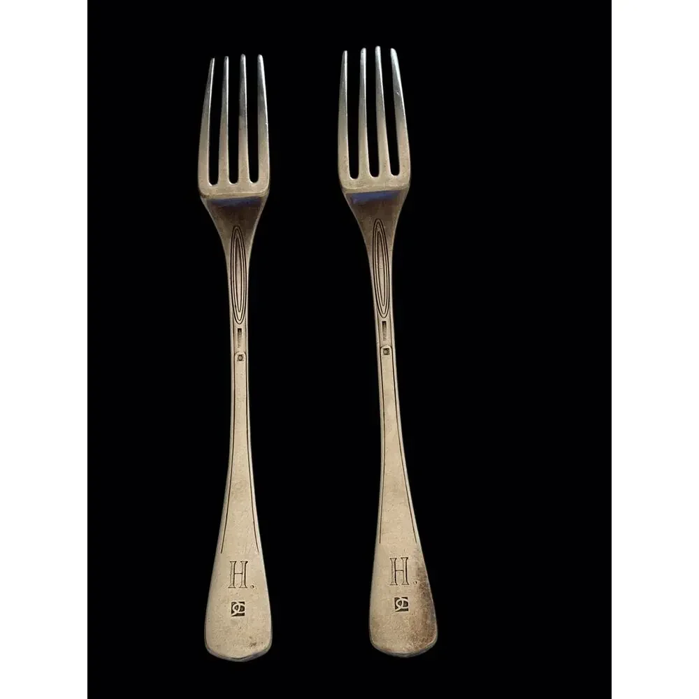 2 Antique Christofle silver plate Heirloom Dinner Forks H Mono signed rare 7.75”